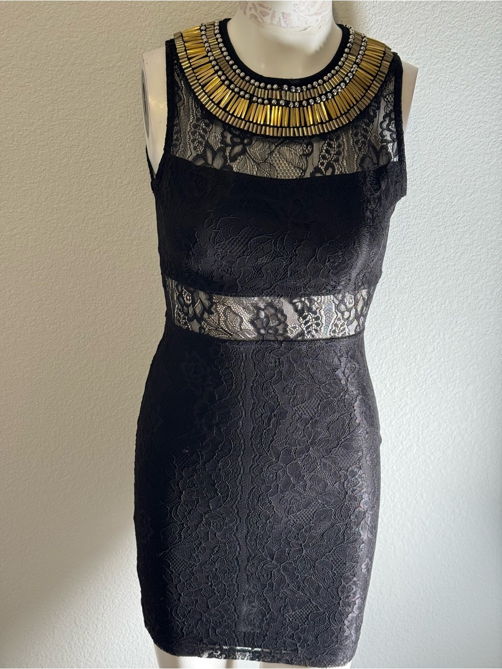 Forever 21 Black Lace Mini Dress with Gold & Silver Beaded Neckline